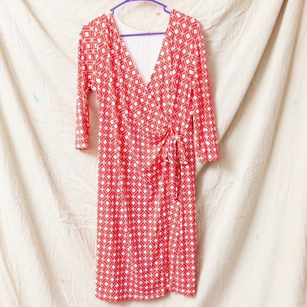 Gilli NWT Sz XXL Red White Diamond V Neck Faux Wrap Jersey Dress Machine Wash